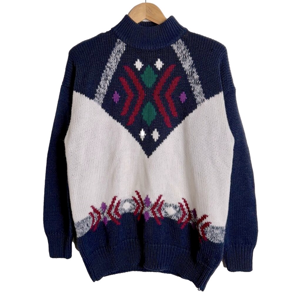 Vintage Sweater Women Large Blue Purple Mock-neck 80s Geometric Print Retro Geek